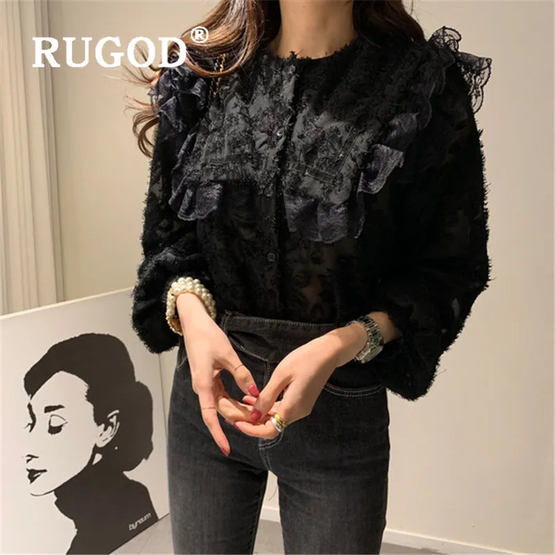 RUGOD Элегантная блузка с оборками Женская модная кружевная Лоскутная рубашка с кисточками блуза Femme Повседневная Весенняя Корейская Блузка офисная женская рубашка