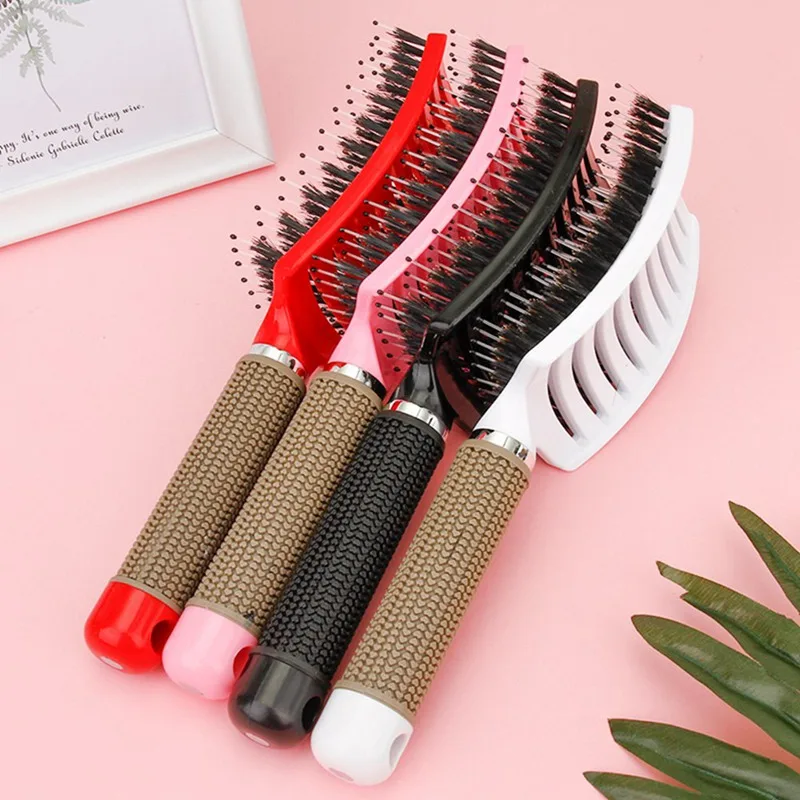 Salon Professional Bristle& Nylon Hairbrush Scalp Massage Comb Wet Hair Brush Curved Bristle Hair Clean Straight Comb