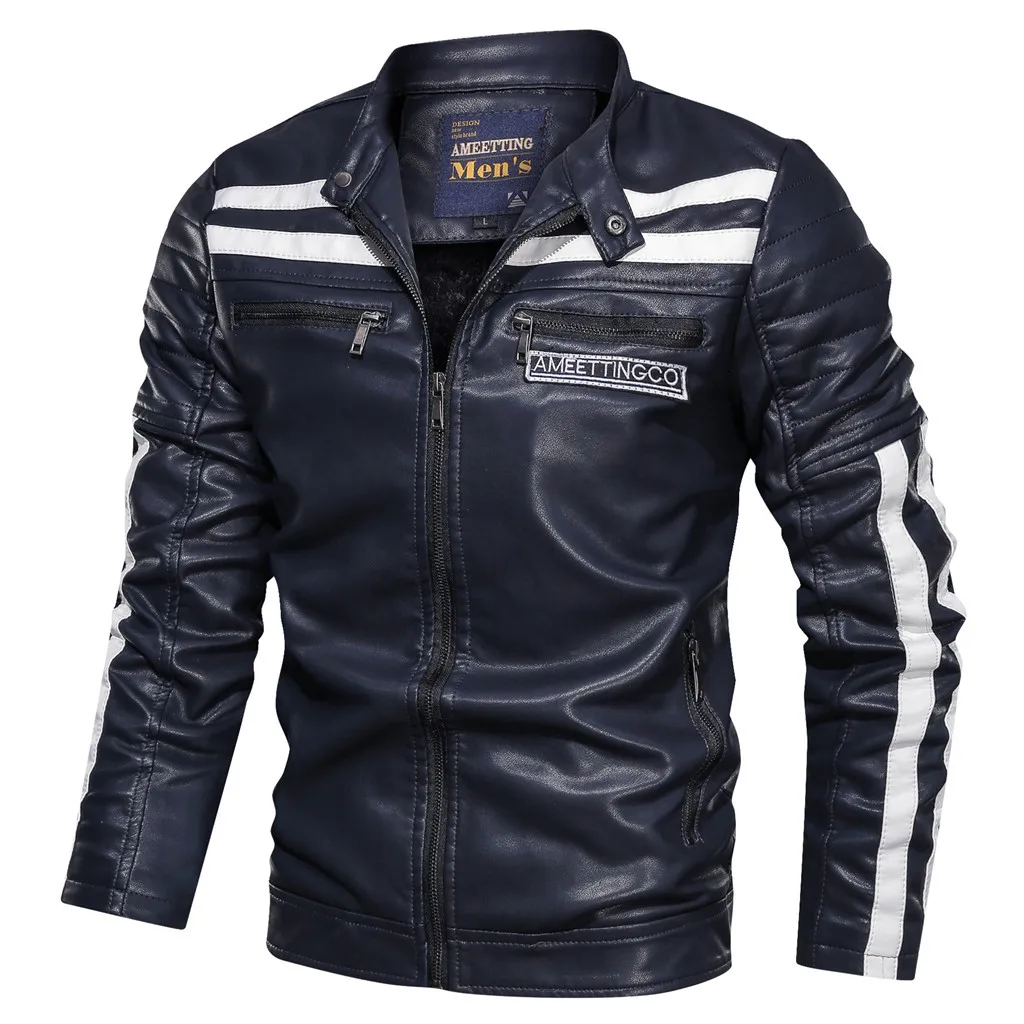 

Tide Autumn Fashion White Black Leather Jacket Men Stand Collar Slim Fit Zippr Long Sleeve PU Faux Leather Motorcycle Jacket Men