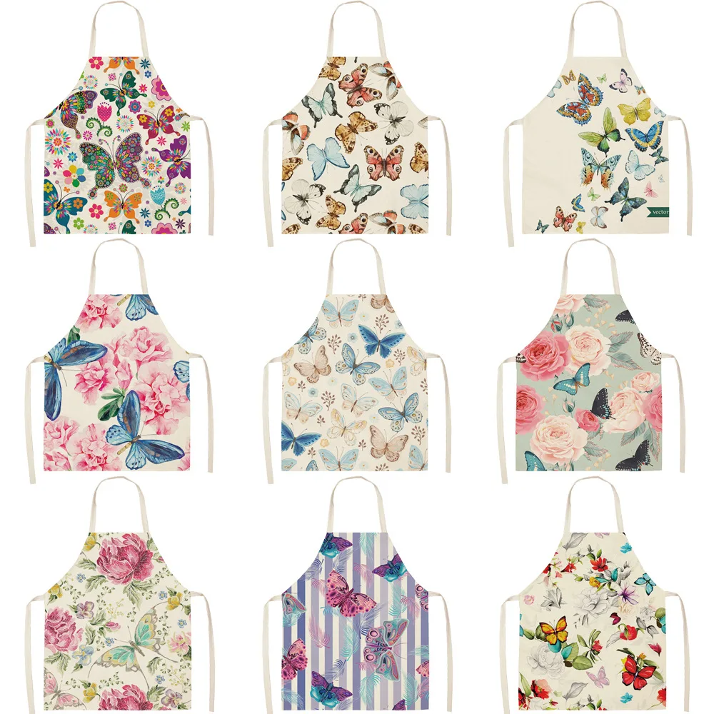 Flower Butterfly Girl Printed Chef Kitchen Aprons for Women Oil-proof Home Cooking Baking Waist Bib Cotton Linen Pinafore