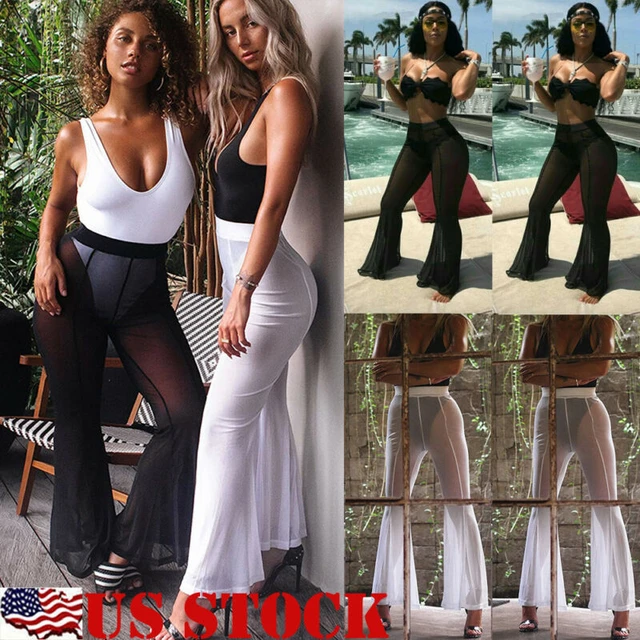 Pantalones de malla con volantes para mujer, pantalón Sexy transparente de  pierna ancha, transparente, para playa y vacaciones, novedad - AliExpress