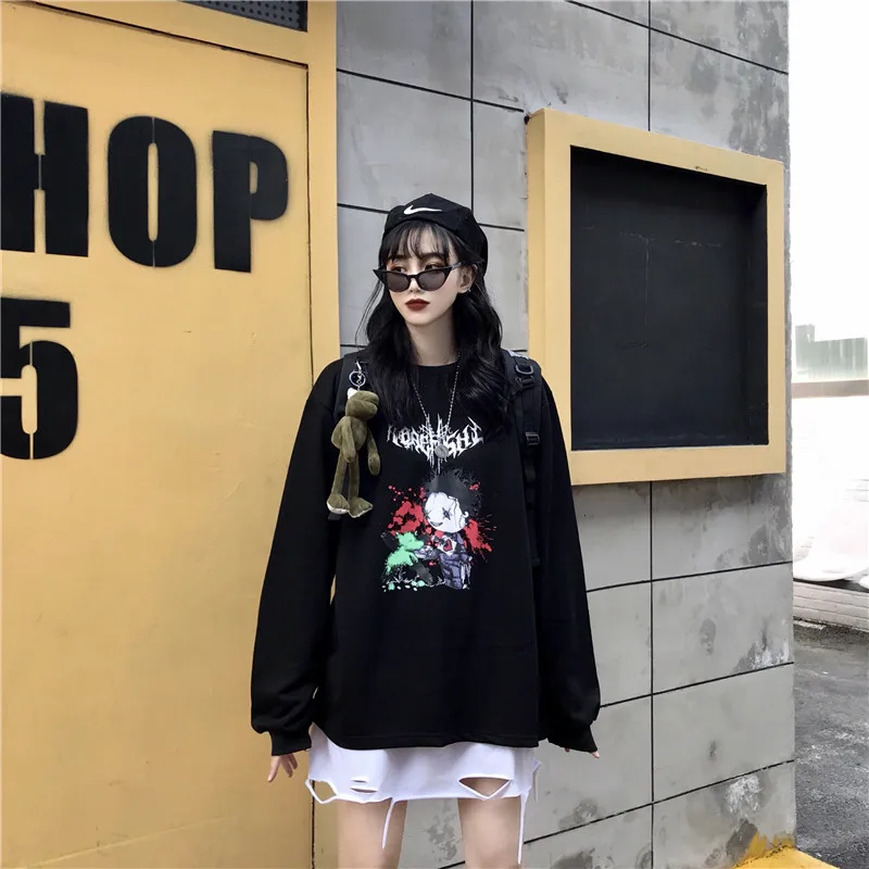 Lychee Harajuku, свободные женские флисовые пуловеры с круглым вырезом, Женские флисовые толстовки с темным рисунком зомби, повседневные осенние женские флисовые Топы