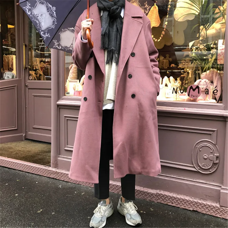 Lilac Зимнее длинное шерстяное пальто Мужская модная однотонная шерстяная куртка с v-образным вырезом Мужская Уличная одежда Свободное пальто в британском стиле для мужчин s - Цвет: Lilac