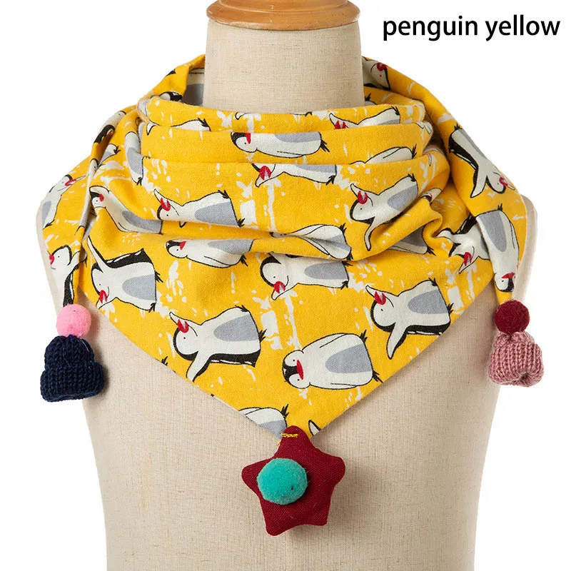 penguin yellow Хлопковый треугольный шарф, двойной шарф, 1 шт., сохраняющий тепло, детский воротник, мультипликационный узор - Цвет: penguin yellow