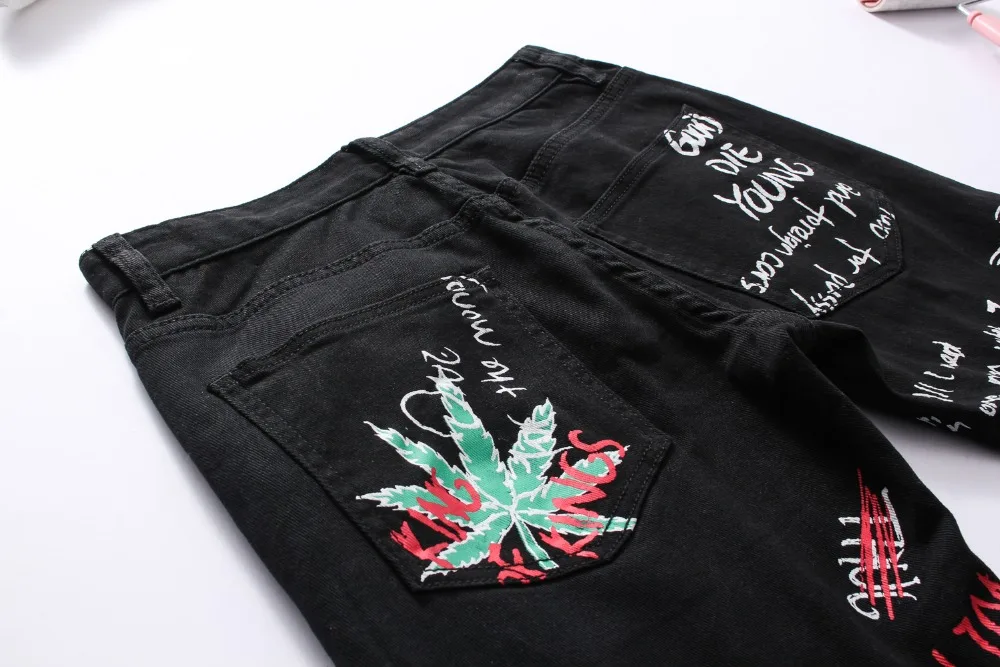 European Nightclub style men Denim jeans famous brand zipper slim brand black white letter print jeans Pencil Pants for men 8052