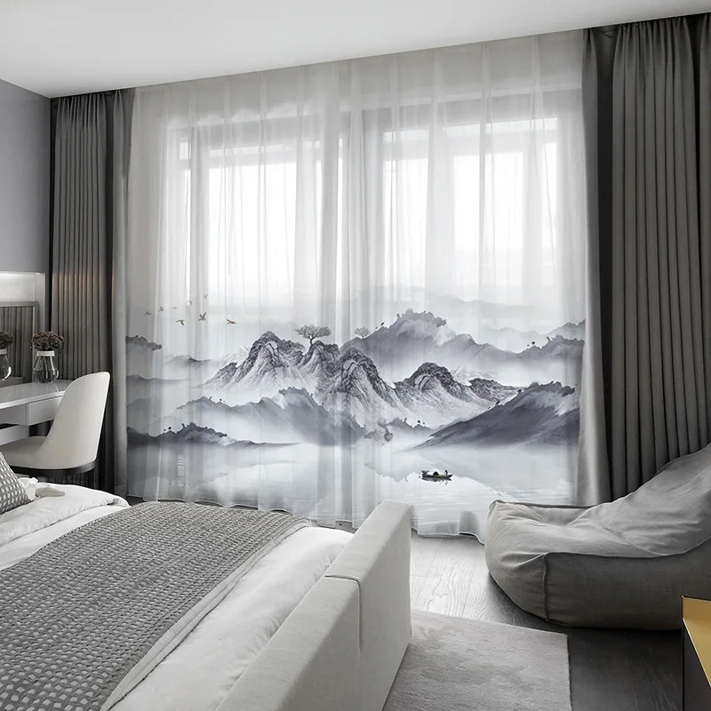 New Chinese Style 5D Digital Printed Desgin Window Screen Chiffon Fabric For Living Room Studyroom White Tulle AG 439#4 | Дом и сад
