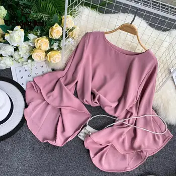 

Women Loose Slim Shirt Long Flare Sleeve O-Neck Chiffon Solid Shirts Office Elegant Short Blouse