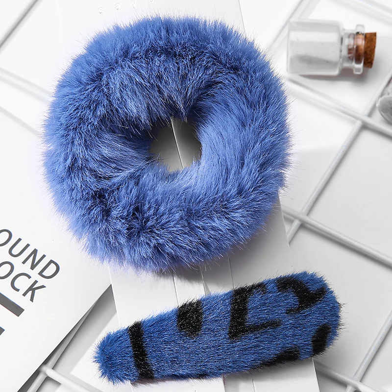 Blue set 2 шт. Женские винтажные леопардовые заколки для волос, заколки-шпильки с плюшевыми шариками, элегантное украшение для волос, зимние BB заколки на Рождество - Цвет: Blue set