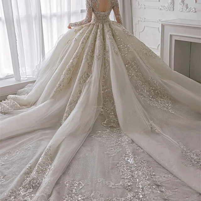 HLF17 2021 Wedding Dress Glitter V Neck Long Sleeve Party Bridal Dresses Vestido De Noiva Gelinlik Arabic Mariee Shiny 6
