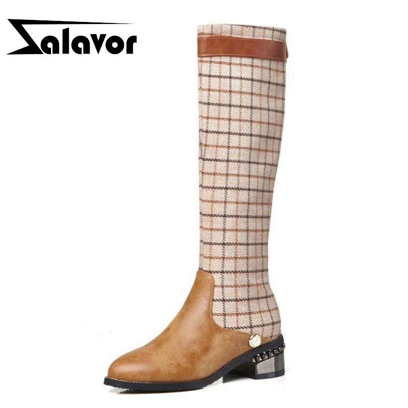 

ZALAVOR Plus Size 32-48 Women Knee High Boots Mixed Color Plaid Winter Fur Shoes Women Warm Zipper String Bead Flats Boots