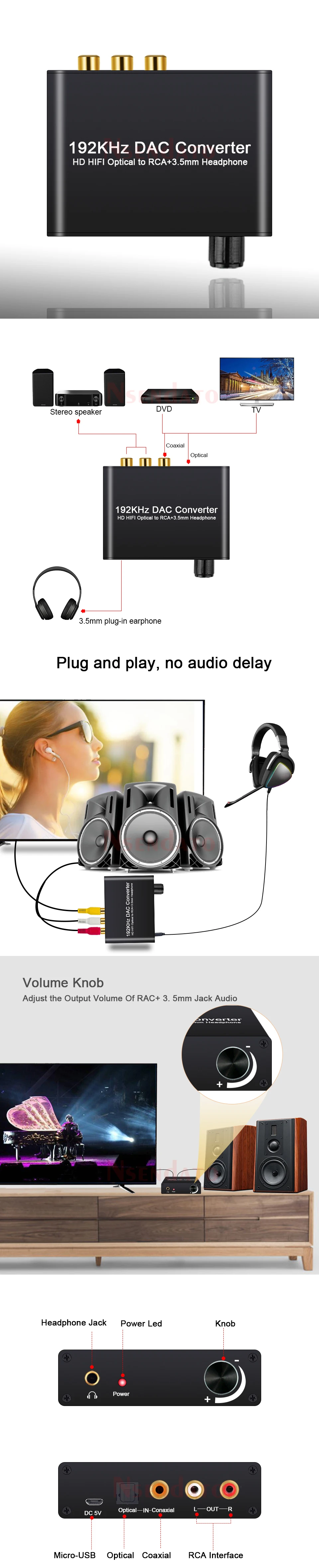 a 2.0ch, coaxial óptico para rca 3.5mm, conversor digital de áudio