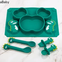 Assiette en Silicone pour enfants, bol, assiettes, cuillère, fourchette, dessin animé de dinosaure, ensemble d'alimentation pour bébé, bol, vaisselle pour enfants 