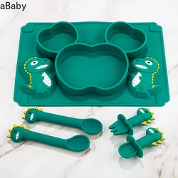 Baby Silicone Plate Kids Bowl Plates  Dinosaur Cartoon Spoon Fork Set Baby Feeding Silicone Bowl Dishes Kids Tableware