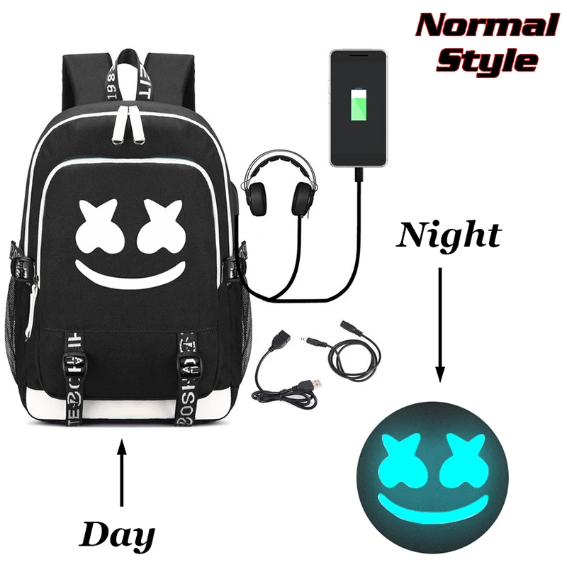 Normal style BPZMD рюкзак DJ Marshmello светящаяся сумка для ноутбука Противоугонная с usb зарядкой рюкзак для путешествий для мальчиков и девочек Студенческая школьная b - Цвет: Normal style