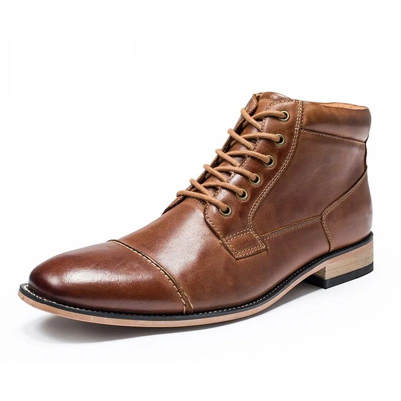Merkmak/Мужская обувь из натуральной кожи в британском стиле; повседневные ботинки-оксфорды на шнуровке; ботильоны с высоким берцем; модельные туфли больших Size40-49 на плоской подошве - Color: Brown