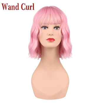 

Wand Curl 14 inch Short Wavy Wig With Air Bangs Synthetic Cosplay Pink Wig Shoulder Length Women's Pastel Short Wig Daily Hair
