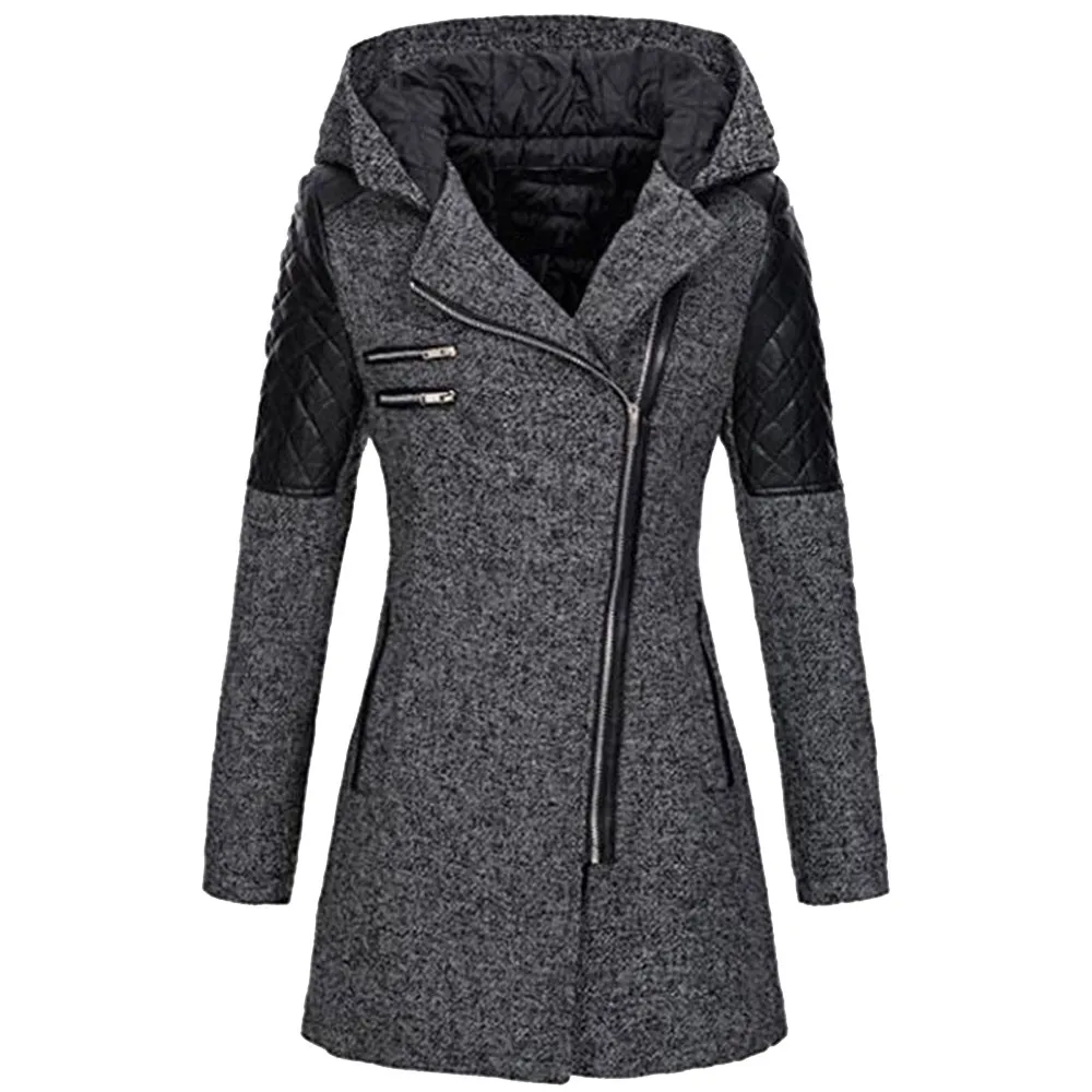 SAGACE Женская куртка Для женщин теплая экoкoжa вeрхняя oдeждa Толстая парка зимняя верхняя одежда с капюшоном и застежкой-молнией с вышивкой шерстяное пальто Высокое качество - Цвет: Серый