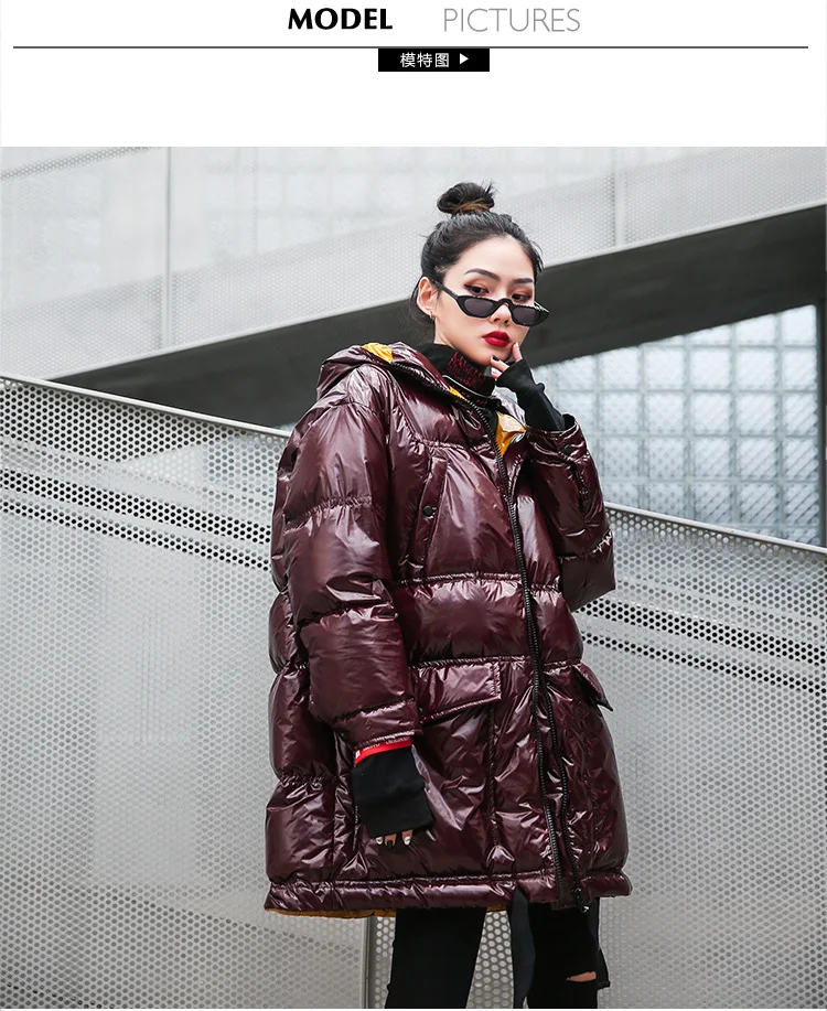 Европейский женский пуховик, женская новая Большая теплая Глянцевая зимняя куртка, модное Свободное пальто с капюшоном и подкладкой из водонепроницаемого материала 149