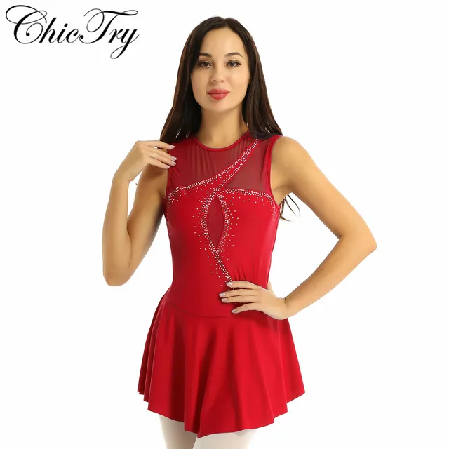 US $12.82 Women Adults Keyhole Back Mesh Splice Bodice with Shiny Rhinestones Figure Ice Skating Roller Skati