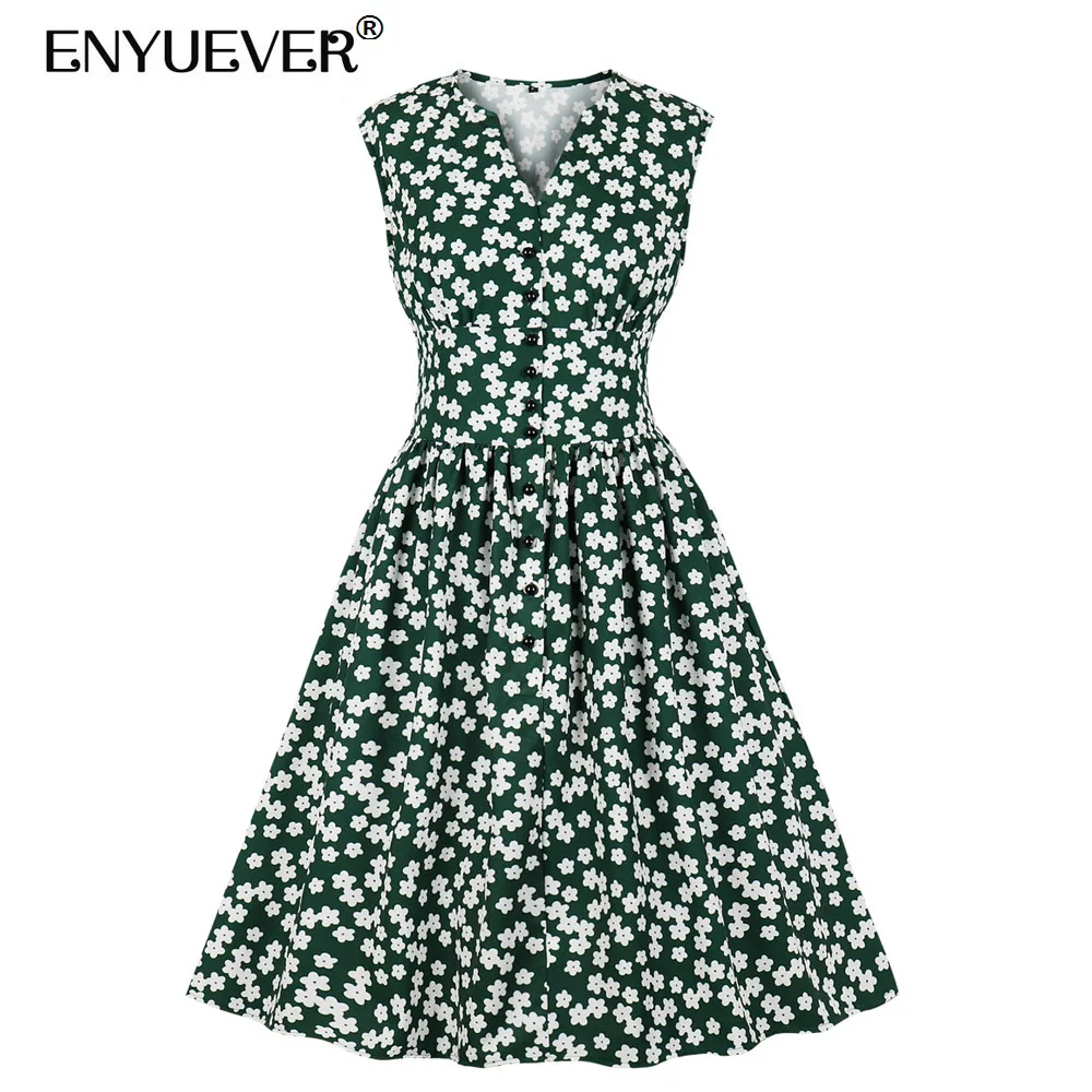 

Enyuever Elegant Floral Print Vintage Dress Women Summer Clothes Sleeveless High Waist Button Robe Pin Up Swing Casual Dresses