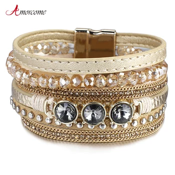 

Amorcome Crystal Leather Bracelets for Women 2020 Fashion Bohemian Boho Charm Multilayer Wide Wrap Bracelet Female Jewelry