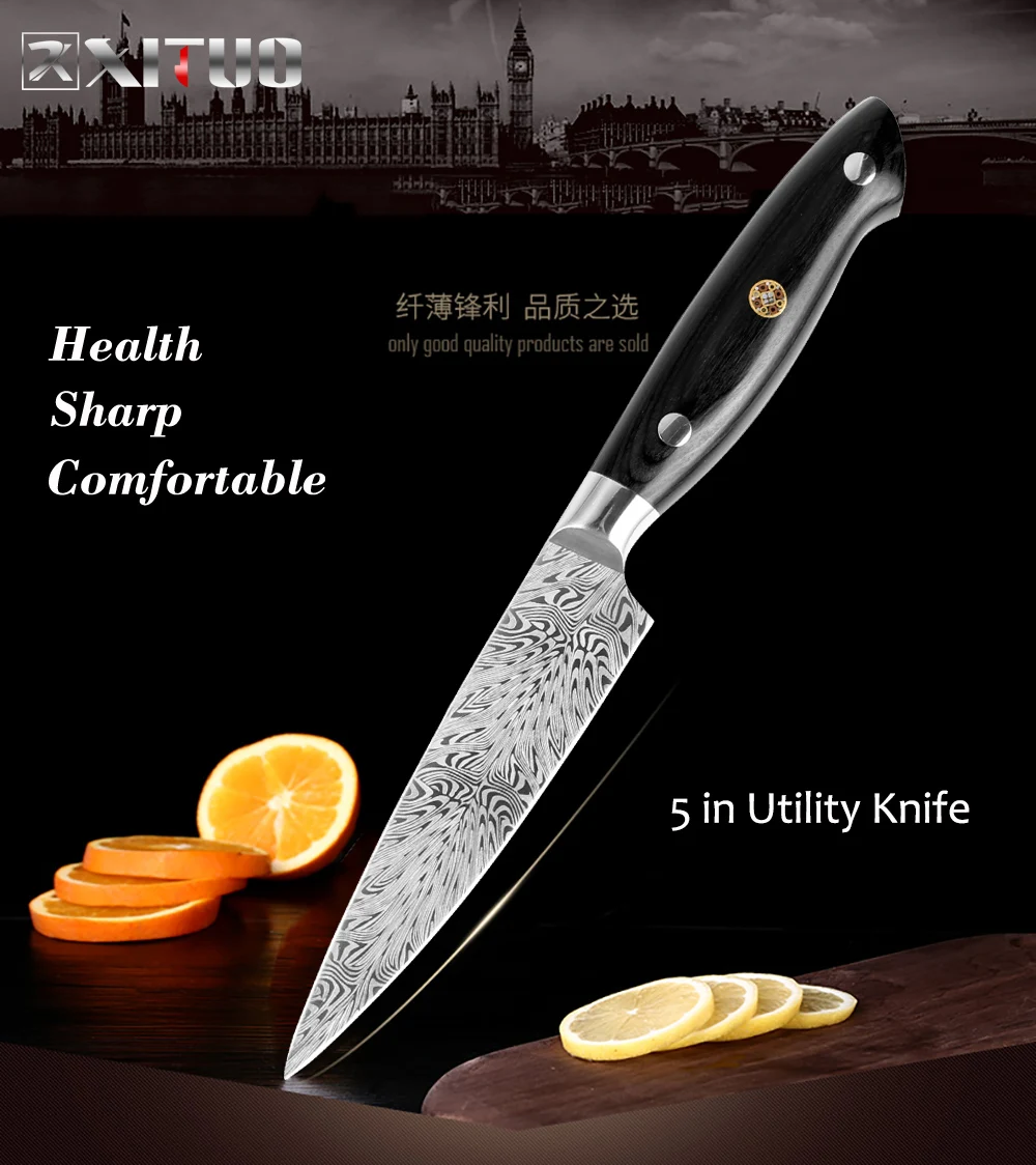5 inch utility knife New High quality Damascus Feather Pattern Knife Chef Knives Laser Damascus steel Santoku kitchen Knives Sharp Cleaver Slicing - Цвет: 5 inch utility knife