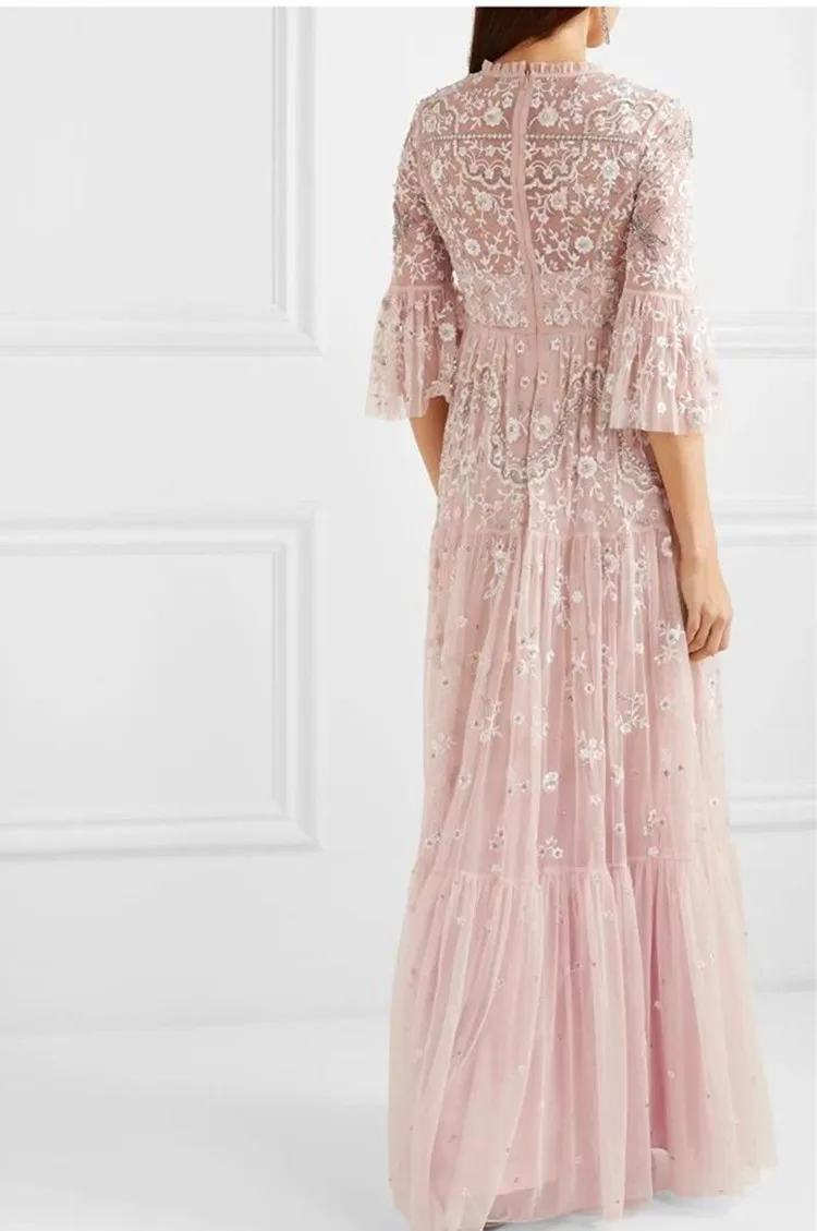 Для женщин Роскошные Длинные вечерние платья Элегантный высокое качество с пышной юбкой без рукавов с цветочной вышивкой сетки женское платье розовое платье на день рождения