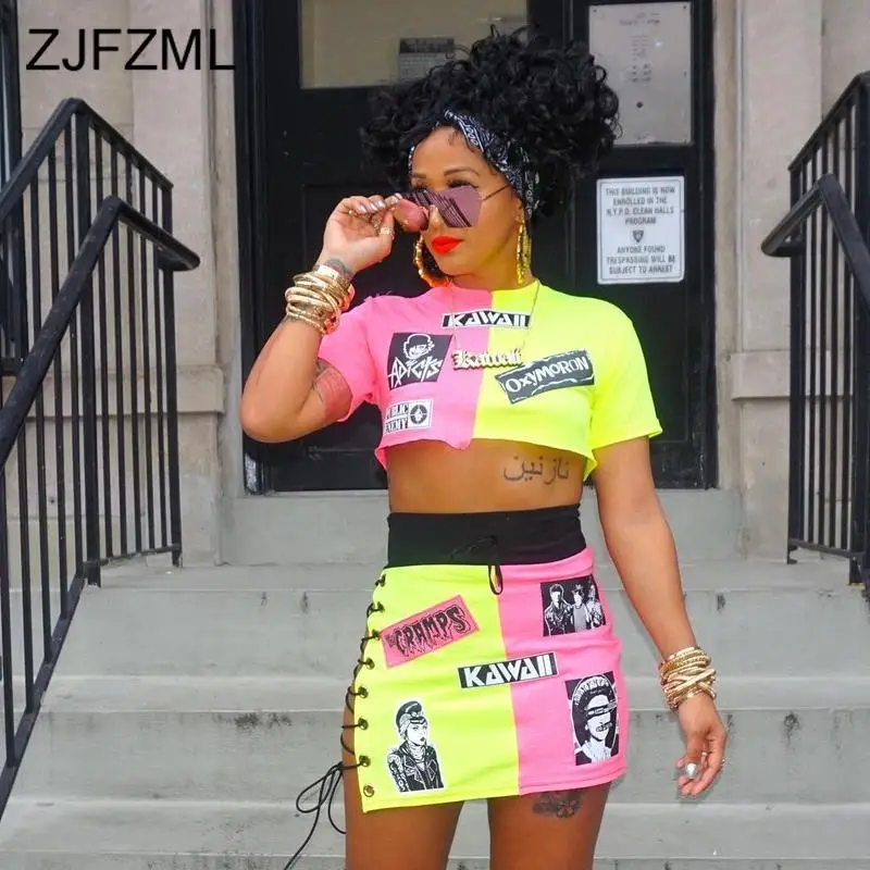 

Contrast Color Letter Print Two Piece Skirt Set Women O-Neck Short Sleeve Crop Top + Tie Up Mini Pencil Skirt Summer Outfits