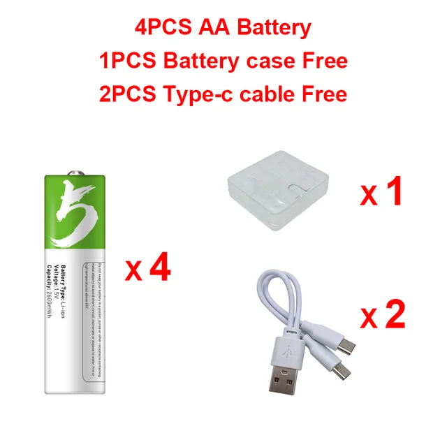 High capacity 1.5V AA 2600 mWh USB rechargeable li-ion battery for remote control mouse small fan Electric toy battery + Cable 4 PCS AA and cable