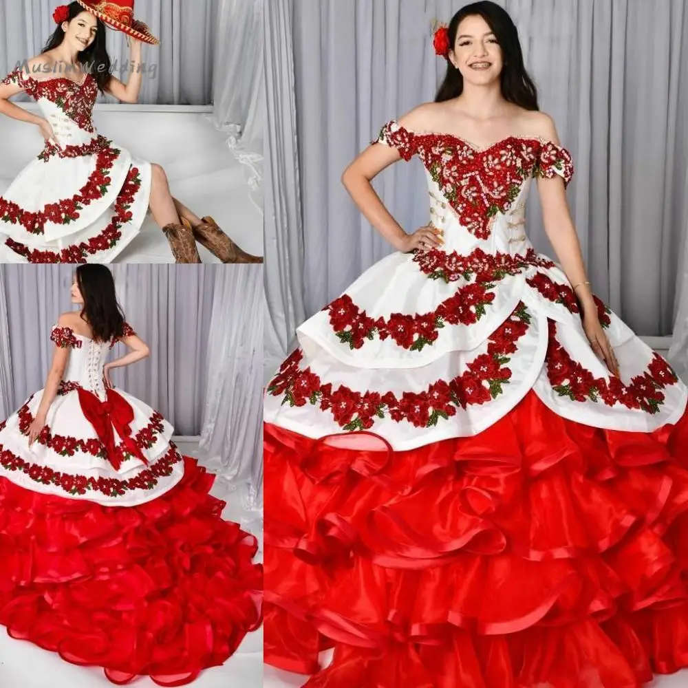Quinceanera Dresses Unique Red And White With Removeable Skirt 2 In 1 Embroidery Sweet 15 Dress Organza Ruffles Applique Prom