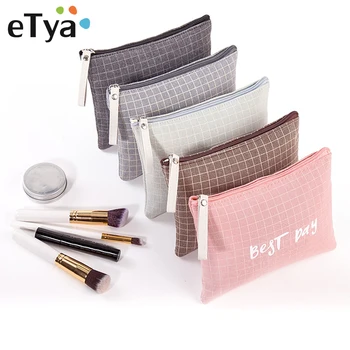 

eTya New Canvas Plaid Travel Cosmetic Bag Small Makeup Bag Pouch Fashion Portable Women Lady Travel Wash Toiletry Organizer Bag