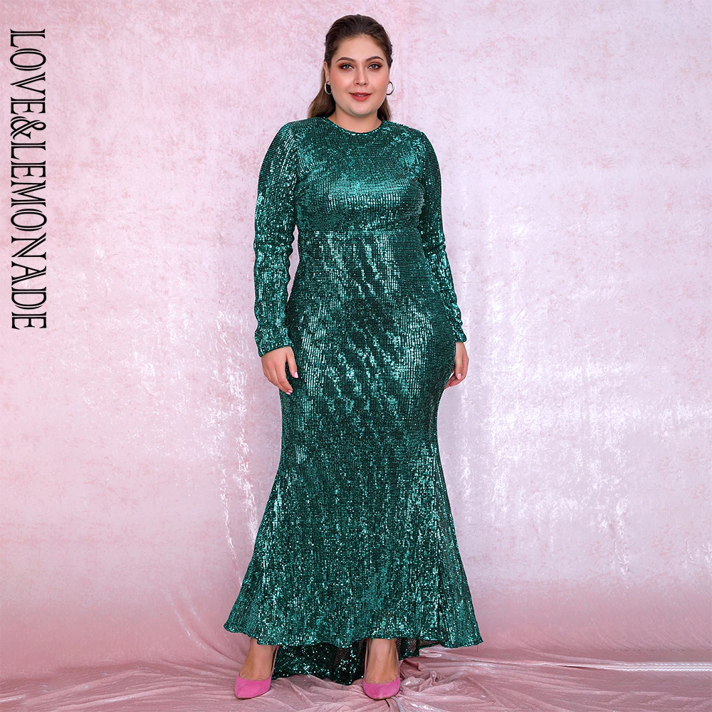 

Love&Lemonade Sexy Plus Size Green 0-Neck Elastic Pleated Sequins Fishtail Shape Party Mix Dress LM81320PLUS autumn/winter