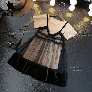 

2020 Summer New Arrival Children Clthes Girls Fashion Transparent Mesh Lace Dress with Short Sleeves T-shirt Two-piece Set