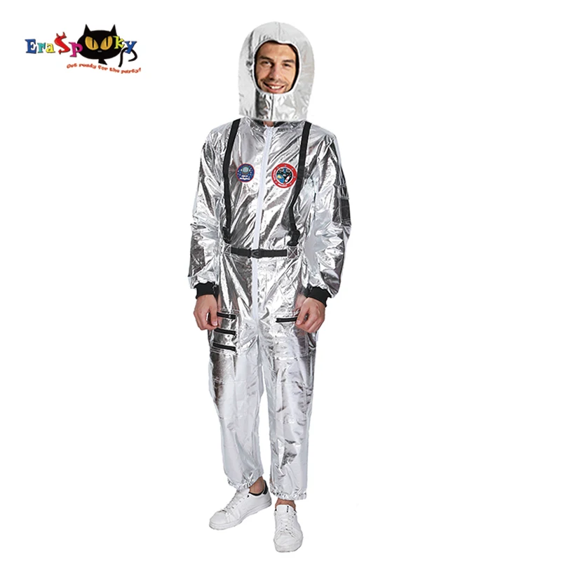 Eraspooky Men Astronaut Spaceman Cosplay with Helmet Carnival Party Club Alien Silver Stage Outfits Halloween Costume For Adult |