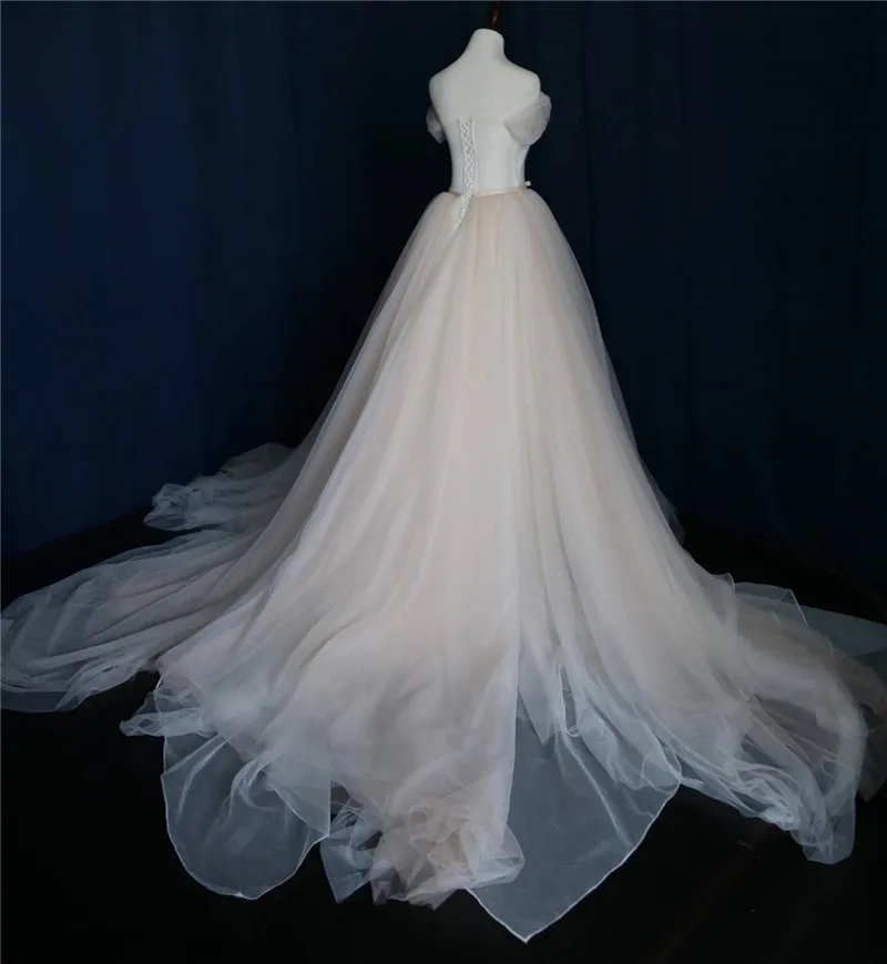 Очаровательное свадебное платье цвета шампанского с открытыми плечами, тюль с короткими рукавами, органза, трапециевидная лента с бантами, настоящая фотография
