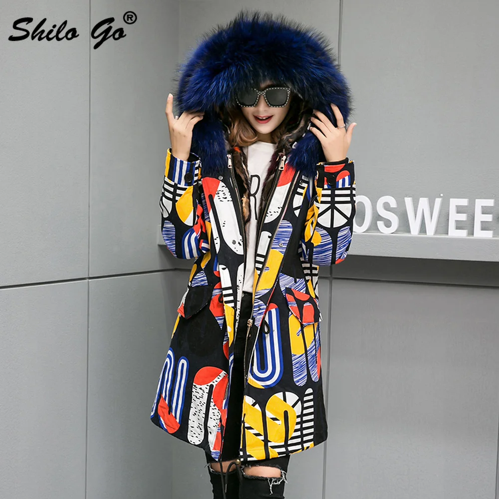 Fur Parkas Highstreet Printed Real Fox Fur Collar Hooded Thick Warm Rabbit Fur Lining Long Coat Women Winter Casual Plus Outwear