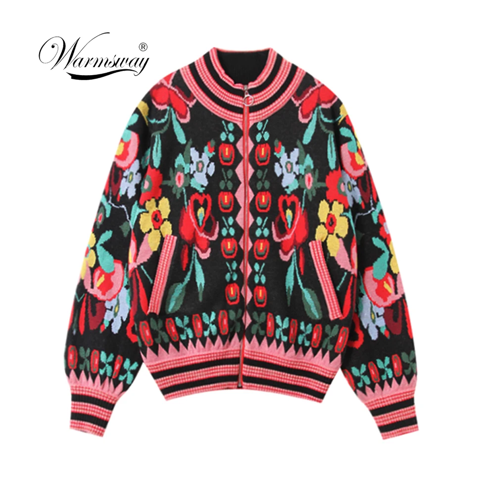 2019 Fall Vintage Floral Print Women Sweater Cardigan Runway Gold Line Knitwear Female Jumper Zipper Overcoat Clothing C-272