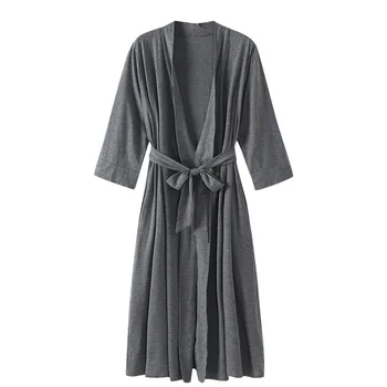 

2020 New Knitted Solid Color Cardigan Nightgown Autumn Sexy V-neck 3/4 Sleeve Simple Natural Casual Long Pajamas For Women