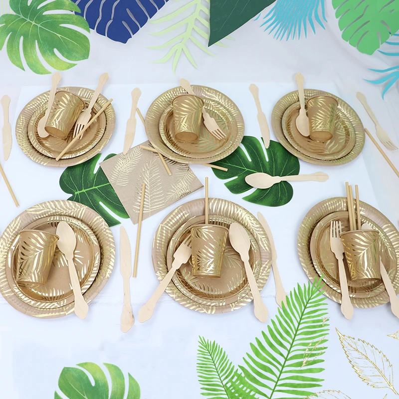 Disposable Kraft Paper Tableware Set – Golden Palm Leaf Pattern Plates, Cups, Napkins, ... - SKU KTS12264 - UGI Packaging