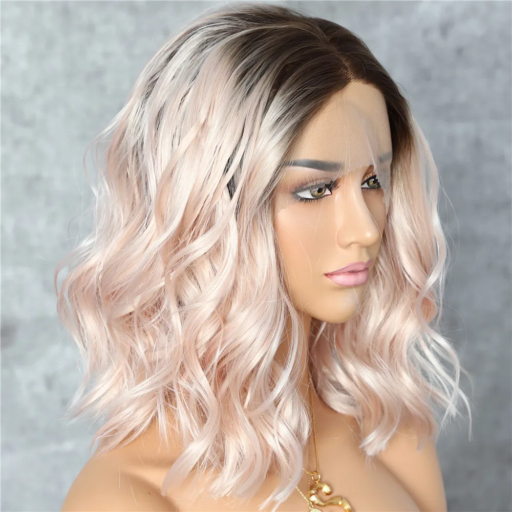 BeautyTown темные корни Омбре светло-розовые цветные короткие волосы блоггер Повседневный макияж бесклеевые синтетические кружева спереди Свадебные вечерние парики