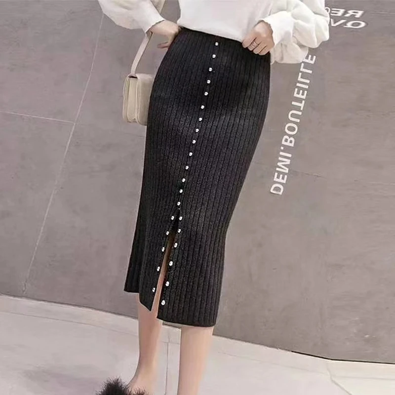 Осень-зима, Женская вязанная длинная юбка с высокой талией, Обтягивающие юбки с заклепками, черная юбка-карандаш с разрезом