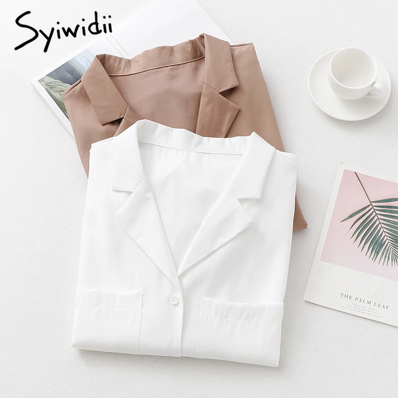 

Cotton ladies tops minimalist white women blouses long sleeve notched pocket solid shirts women 2019 khaki casual top blouses