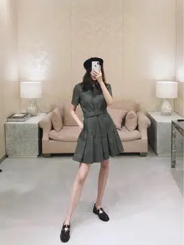 

2020 Autumn New Fashion Design Women Chic Turn down Collar Short Sleeve Belt Mini Pleated Dress Runway Dress Vestido