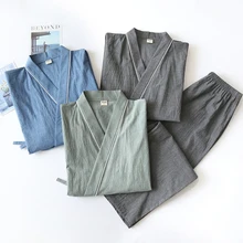 

2PCS Sleepwear Lovers' Japanese Style Pajamas Men Cotton Gauze Sweat Steam Kimono Bath Gown Loose Soft Home Clothing Suit