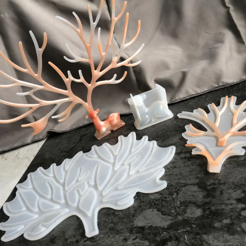

3D Crystal Epoxy Mold DIY Handmade Mirror Fawn Antler Tree Branch Ornament Display Stand Silicone Mould Jewelry Making Tools