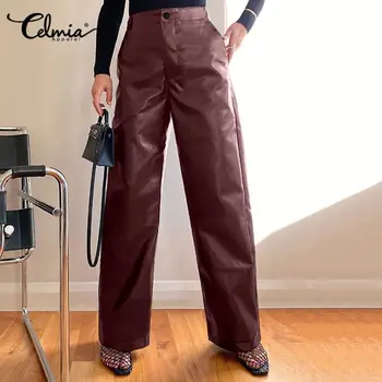

Women's Long Trousers Celmia Casual Solid PU Leather Vintage Wide Leg Pants Fashion High Waist Long Palazzo Plus Size Pantalon 7