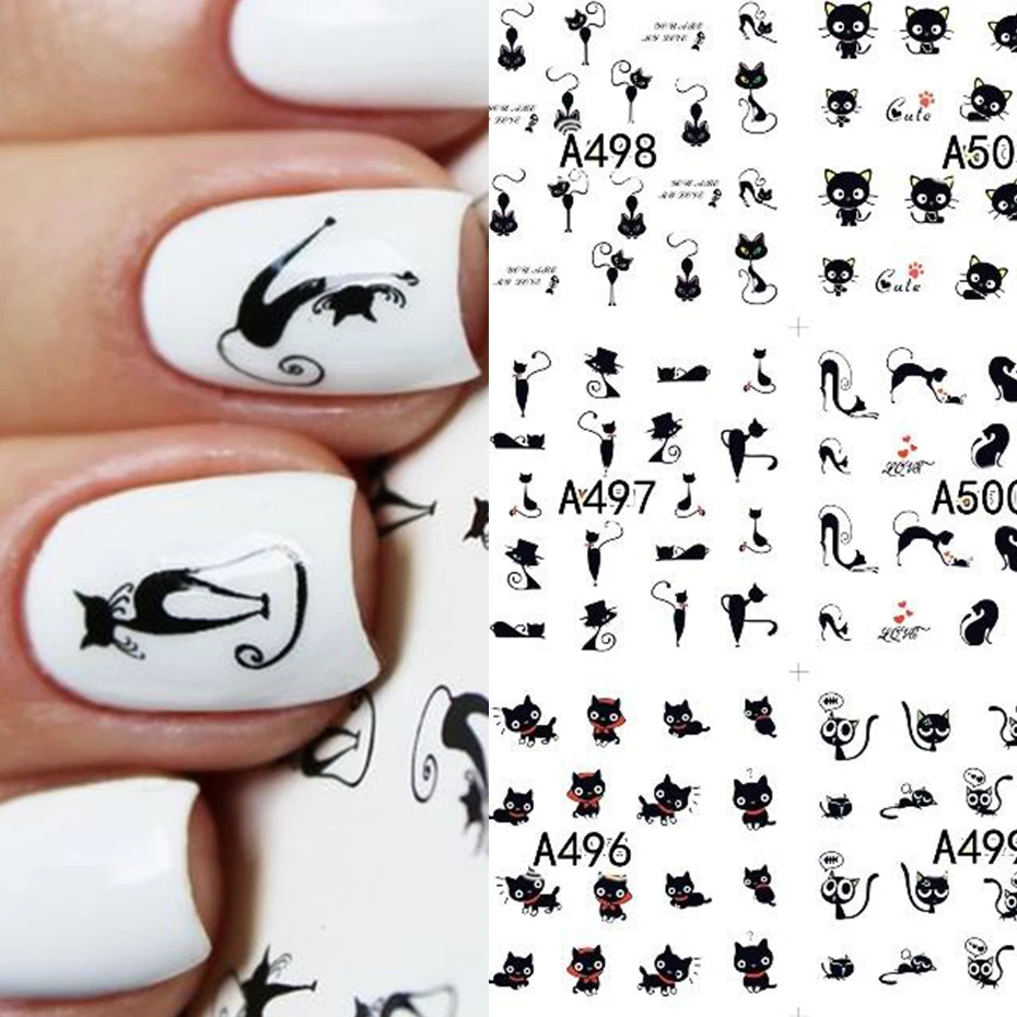 12 Designs Cute Cat Pattern Watermark Designs Nail Art Stickers Water Transfer Decals Beauty Nails For Decoration LA493-504 nail stickers nail art decoration nail decals