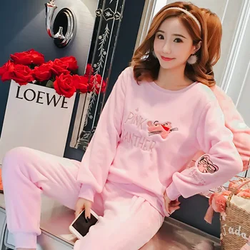 

2019 Woman Pijama Mujer Two Piece Set Cartoon Printing Warm Coral Flannel Home Suit Sleepwear Long Sleeve Autumn Winter Pajamas