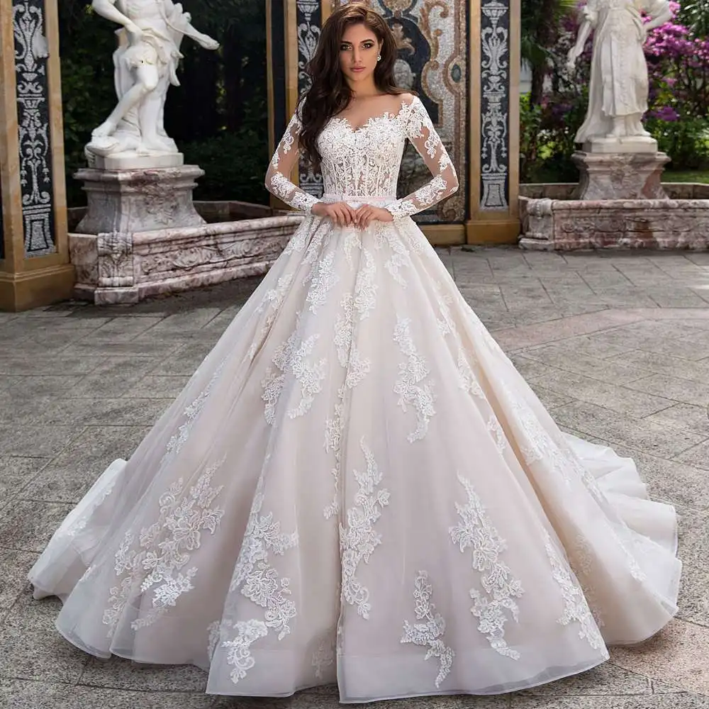 Vestido De Noiva длинные рукава винтажные Свадебные платья 2020 аппликации пуговицы шлейф