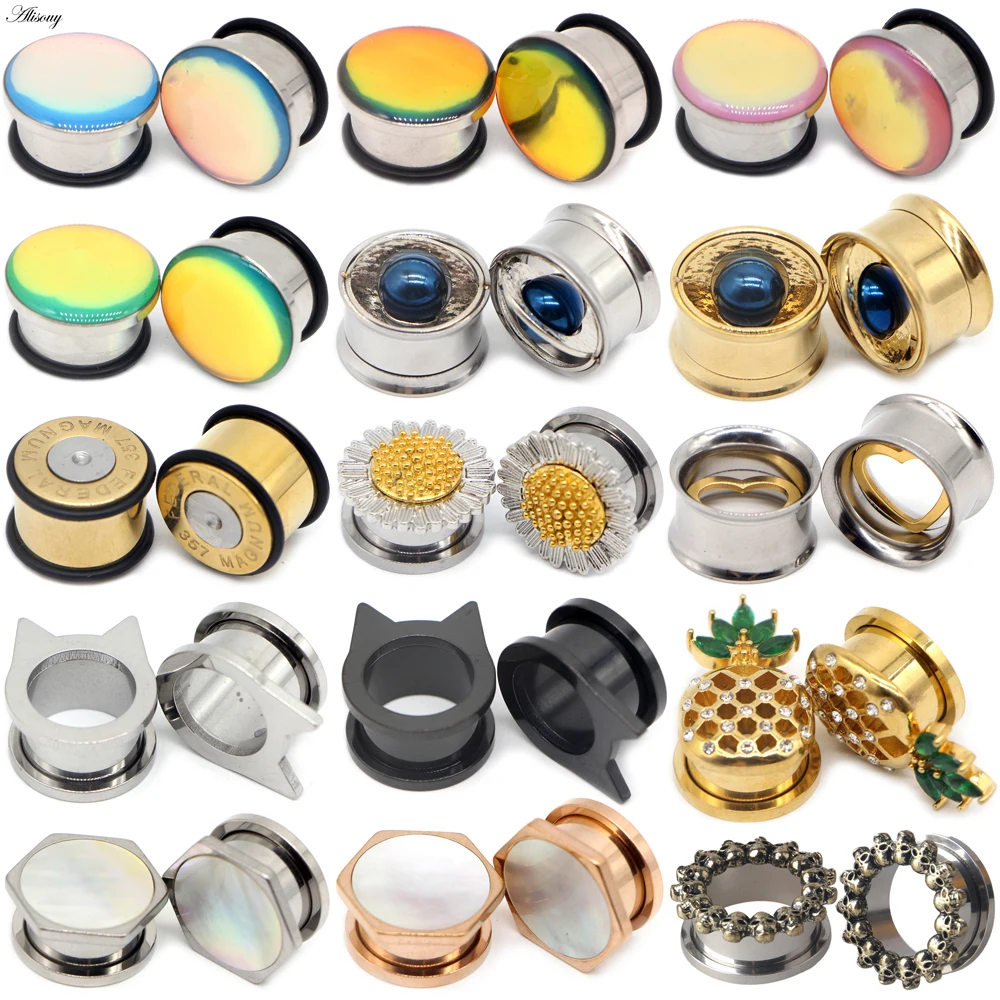 

Alisouy 2pcs Heart Multiple Styles Screw Ear Flesh Tunnel Plugs Retro Flower Orelha Gagues Ear Expander Piercing Body Jewelry